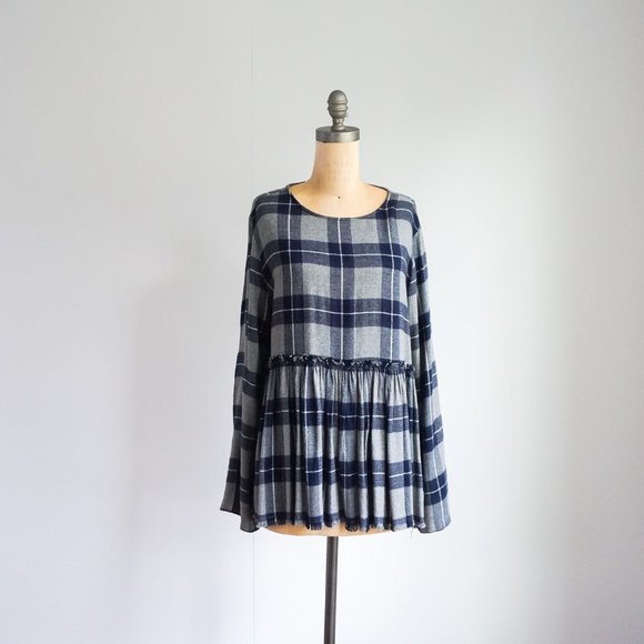 Philosophy Plaid Blue and Grey Top  with Pleats - Size - L - Picture 2 of 6